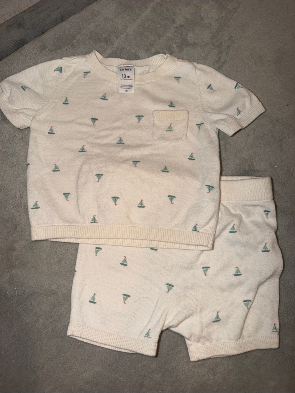 Carter's Cream Short Sleeve Sailboat Pajama Set with Teal Accents